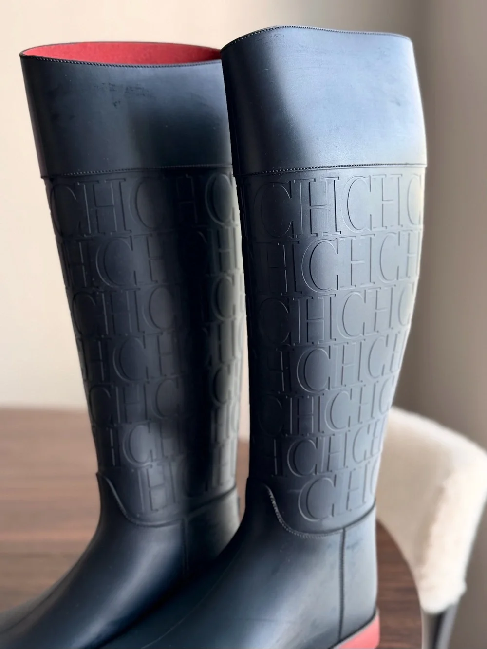 Carolina Herrera Black Tall Embossed Rain Boots with Red Trim